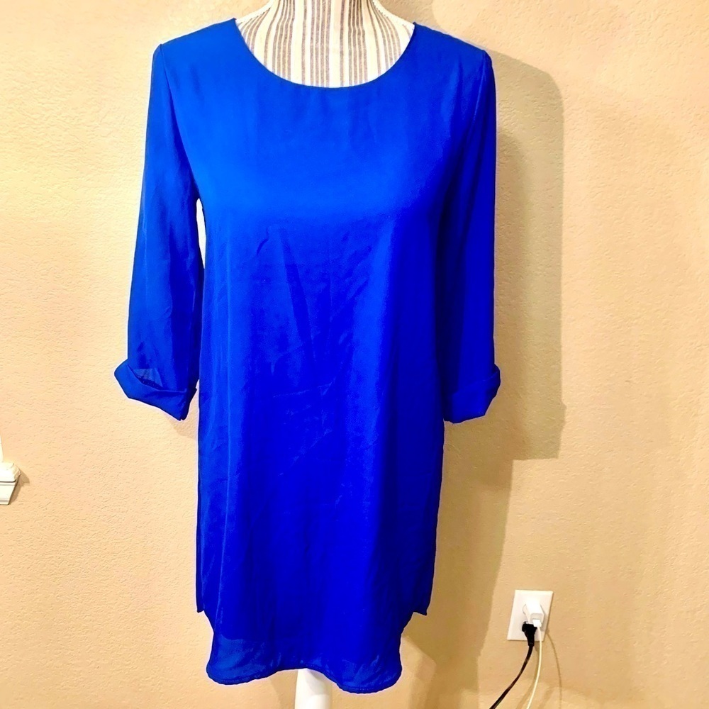 Everly Tunic Dress Small Royal Blue Mini Lined 3/4 Length Sleeves FoldUp Buttons
